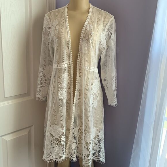 Designer Swimwear Lace Crochet Cover-up Kimono Wrap M white - Picture 2 of 10